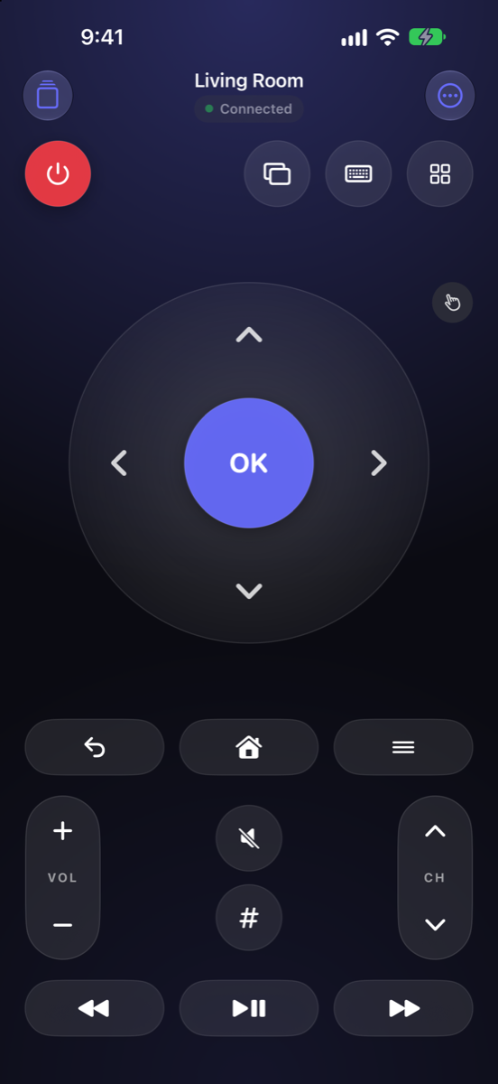 Remote Papi remote screen with D-pad, volume and channel controls